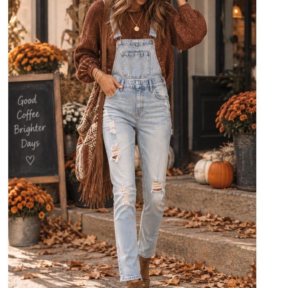 No Boundaries Womens Light Wash Distressed Denim Overalls Size 0 Slim Leg Ankle